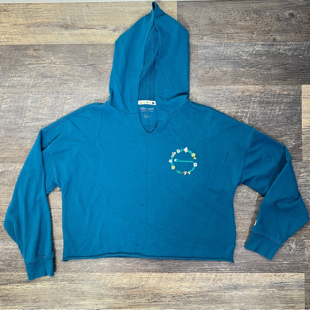 Champion Teal Blue Hoodie Sweatshirt with Floral Accents size medium M B150